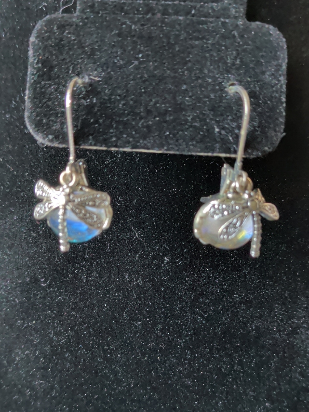 Silver Dragonfly Opal Drop Earrings - Iridescent Blue